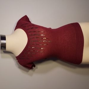 AEROPOSTALE Sequin Design V-neck TOP XS Burgundy cap sleeve
